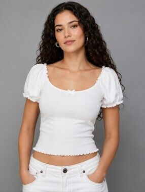 American Eagle Outfitters White Puff Sleeve Crop Top Cotton Blend XS